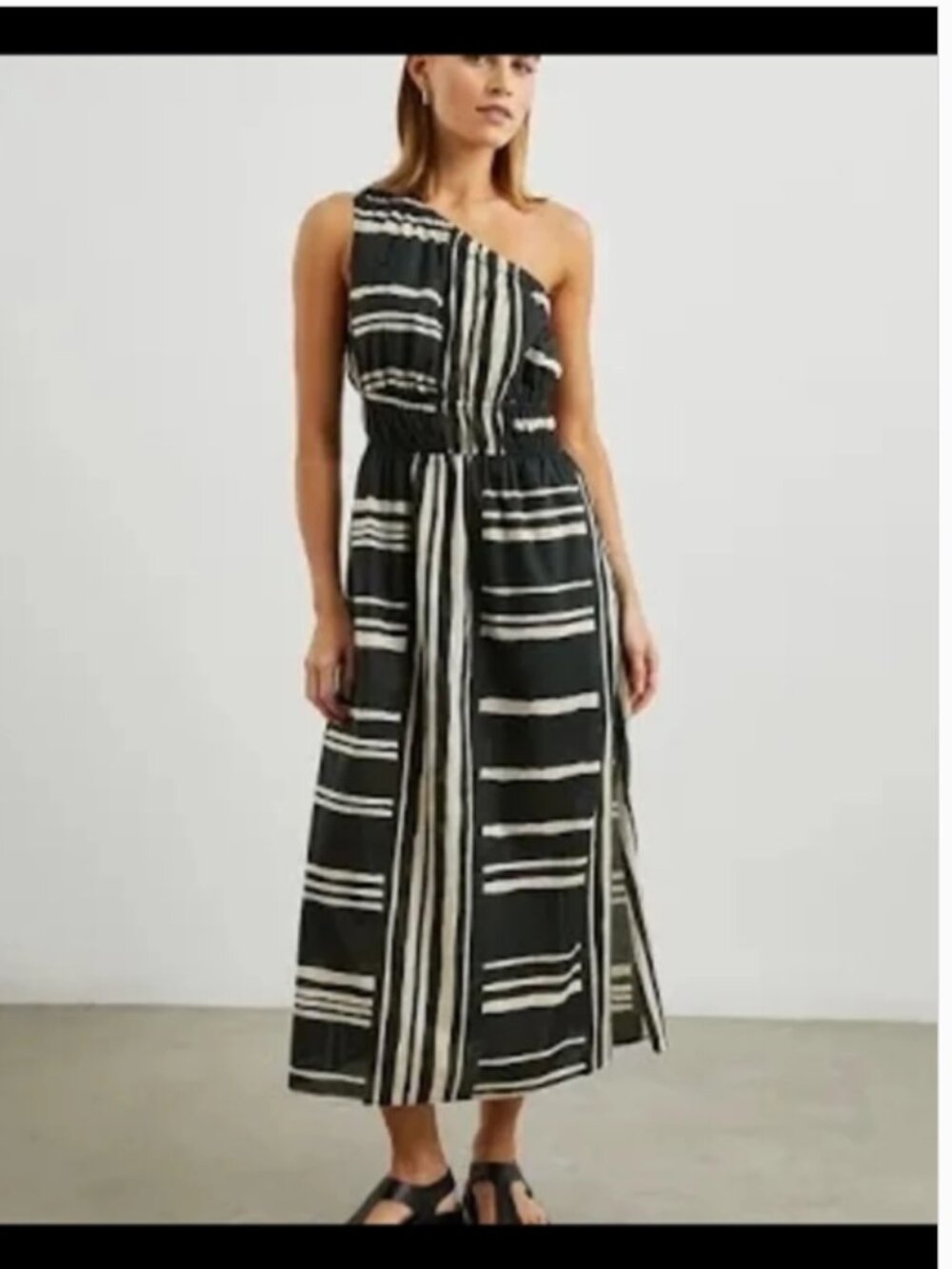 New Rails One-Shoulder Black and Beige Striped Midi Dress